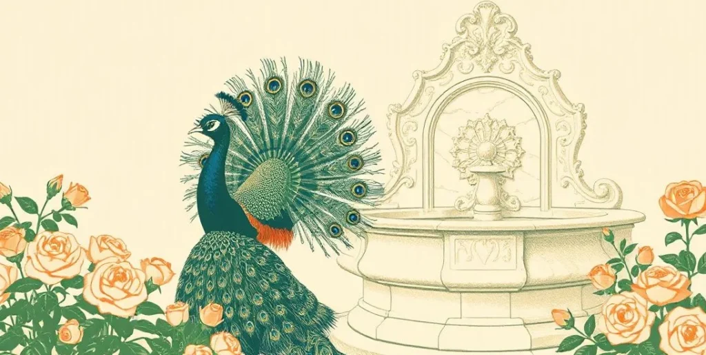 Illustration of a peacock fanning its tail in a rose garden by a fountain