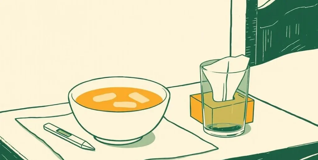 Illustration of chicken soup, tissues and a thermometer on a bedside table