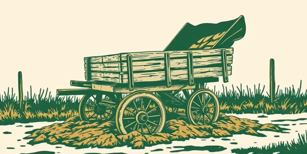 Illustration of a wooden cart with a wheel stuck in mud on a rainy lane