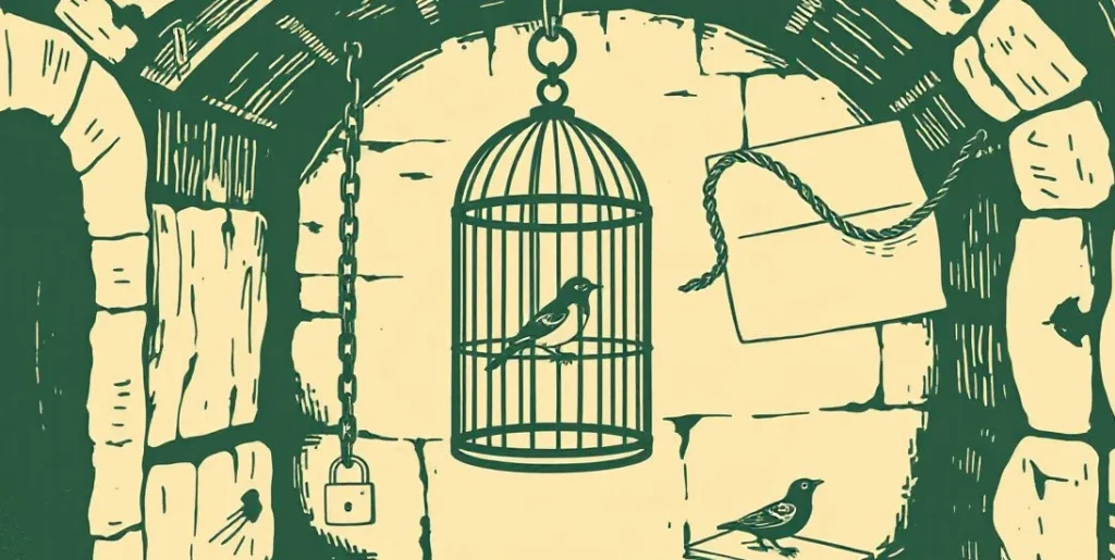 Illustration of a locked iron cage beside a chain and padlock in a cellar