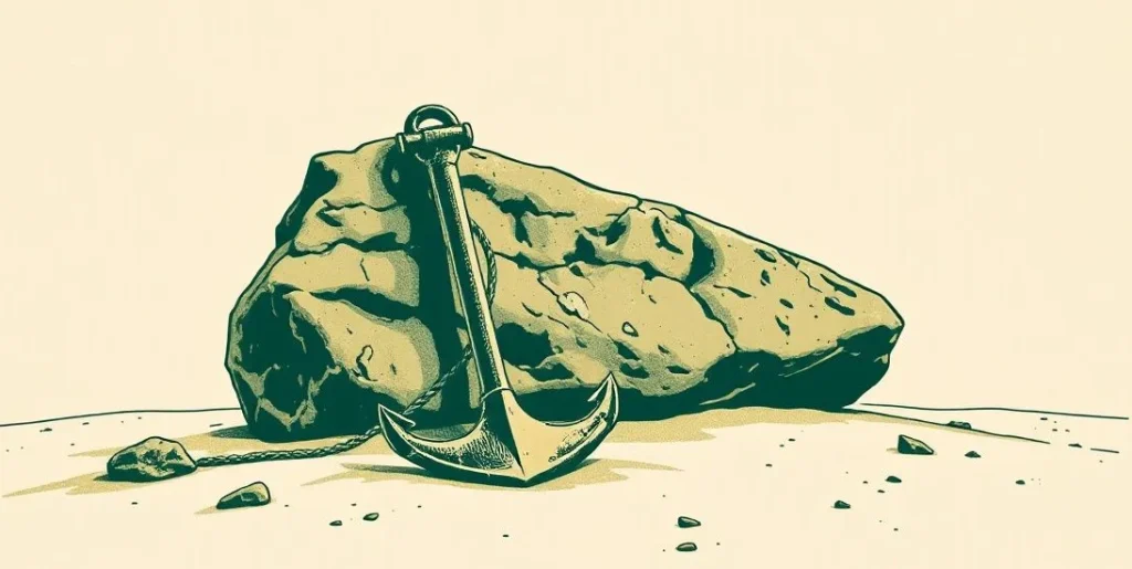 Illustration of a ship's anchor resting against a large rock on a beach