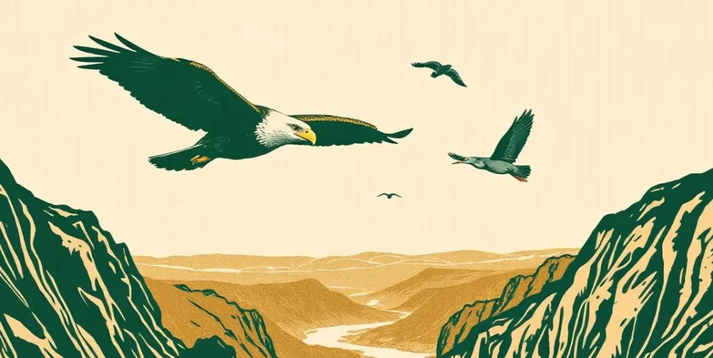 Illustration of an eagle, swallows and a heron flying over a river valley