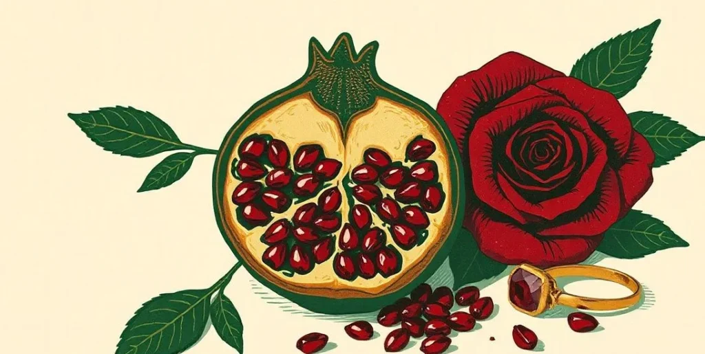 Illustration of a split pomegranate beside a red rose and a garnet ring
