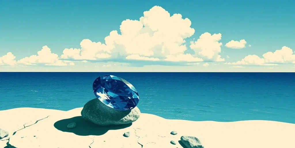 Illustration of a blue sapphire on a rock beside a clear blue ocean