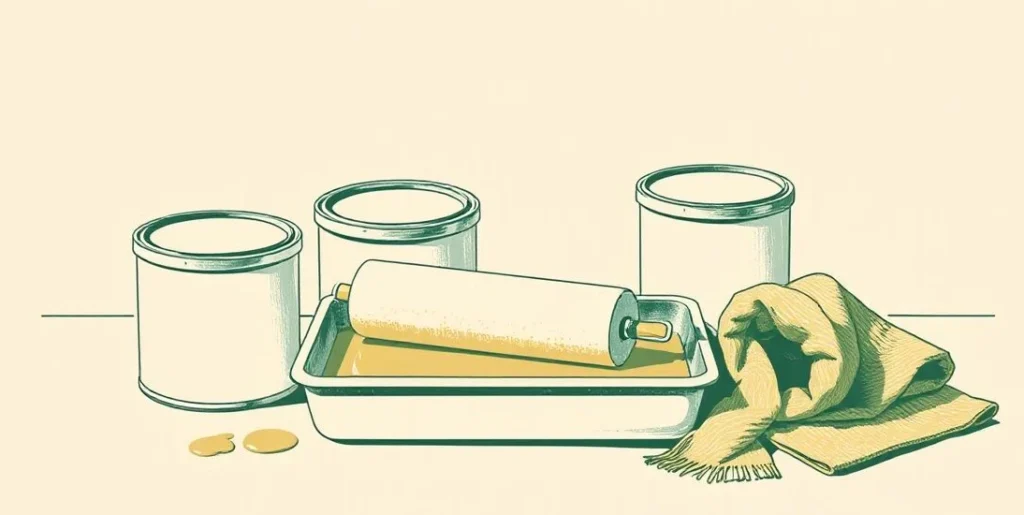 Illustration of a paint roller in a tray of beige paint beside paint tins and a drop cloth