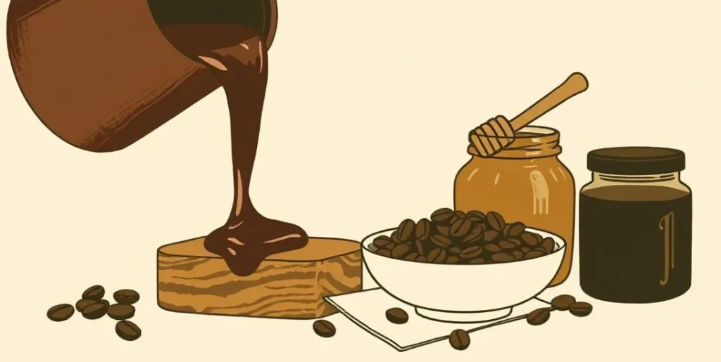 Illustration of melted chocolate pouring over mahogany wood beside coffee beans and honey