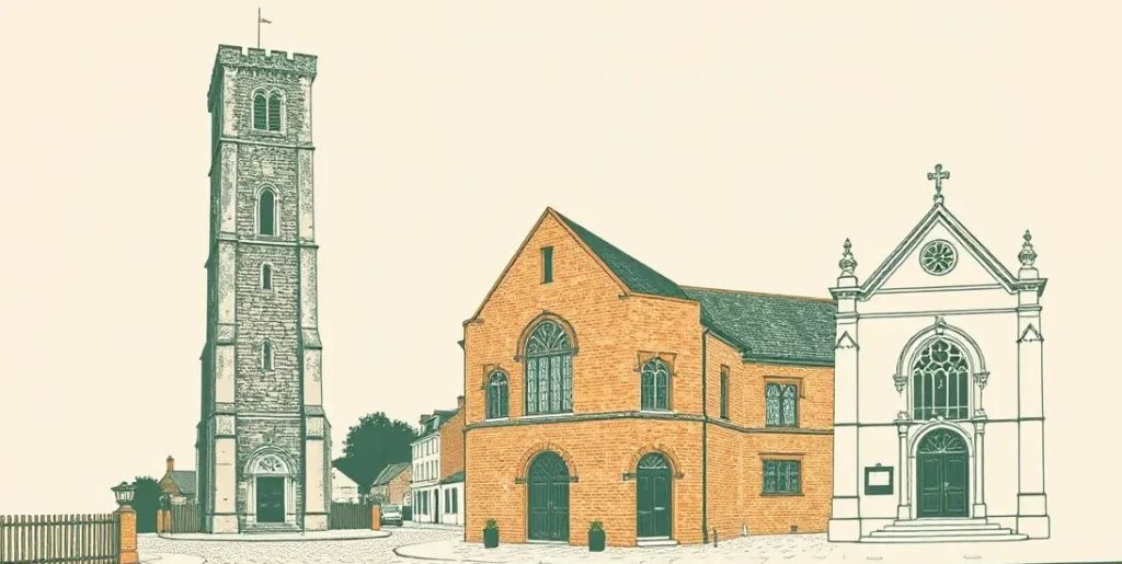 Illustration of a stone tower, a brick house and a cathedral on a cobbled street