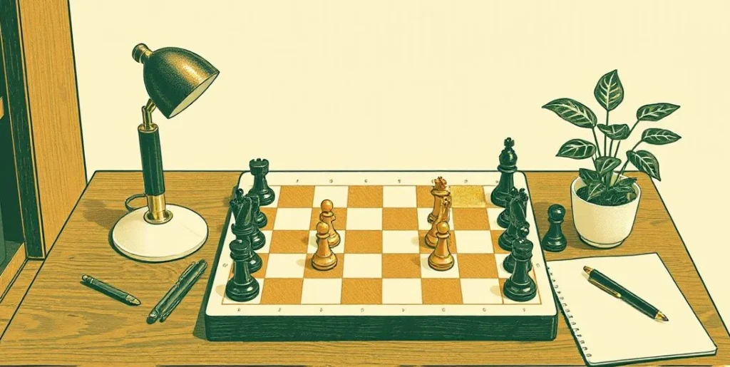 Illustration of a chessboard mid-game on an office desk beside a compass
