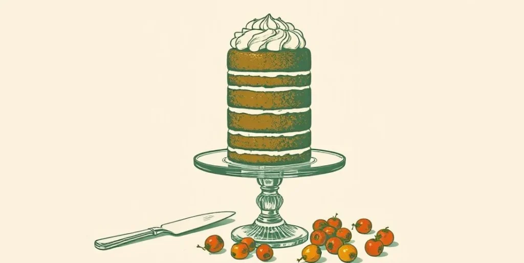 Illustration of a tall layered cake with swirled frosting on a glass stand