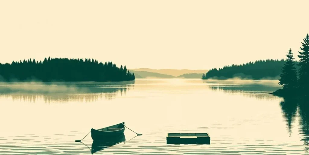 Illustration of a canoe moored on a still, misty lake at dawn