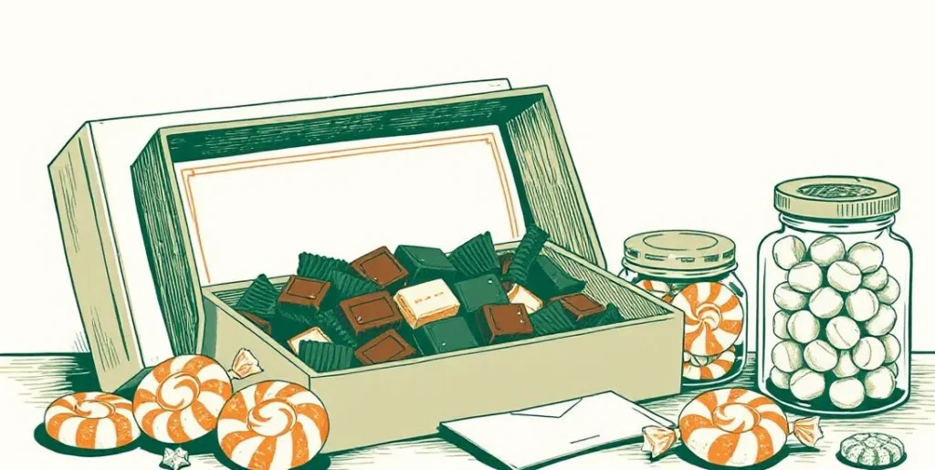 Illustration of a box of chocolates beside peppermints, lollipops and gumdrops