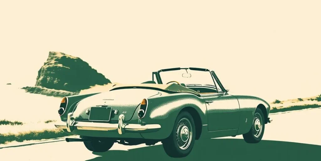 Illustration of a vintage convertible parked on a winding coastal road above the sea