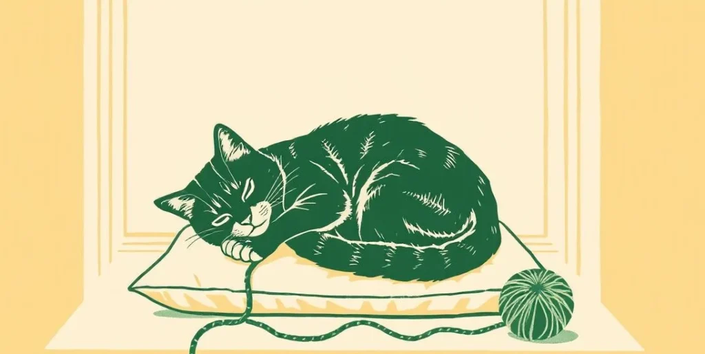 Illustration of a cat curled on a sunny windowsill beside a ball of yarn