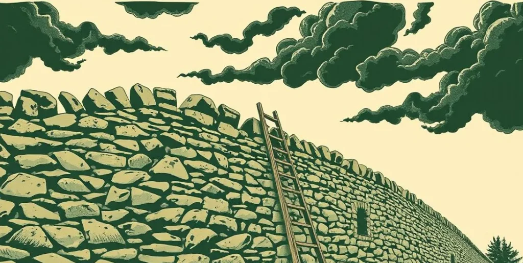 Illustration of a ladder against a high stone wall under storm clouds