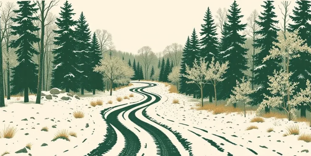 Illustration of a road leading from a snowy forest into a spring meadow