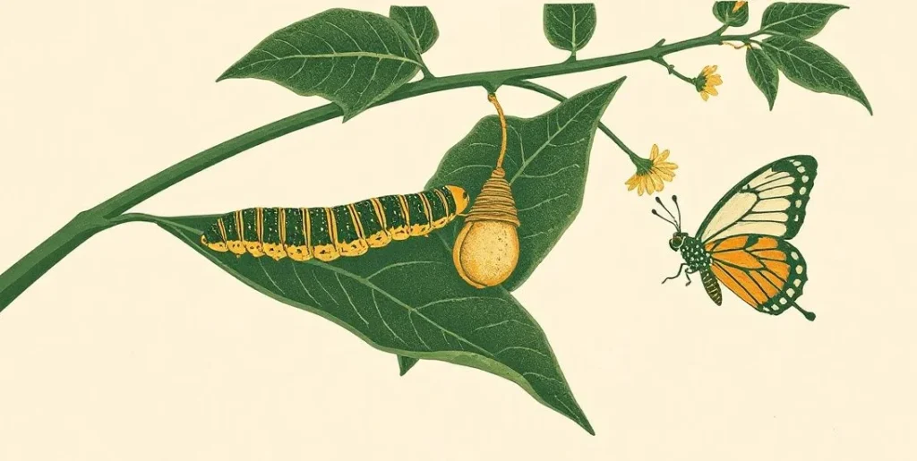 Illustration of a caterpillar, a chrysalis and a butterfly on a flowering branch