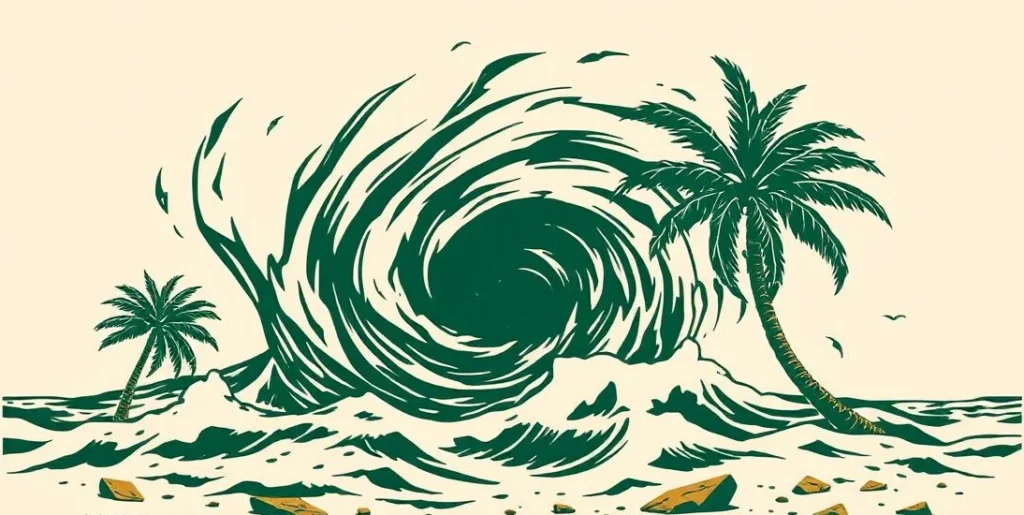 Illustration of a hurricane bending palm trees and scattering debris on a shore