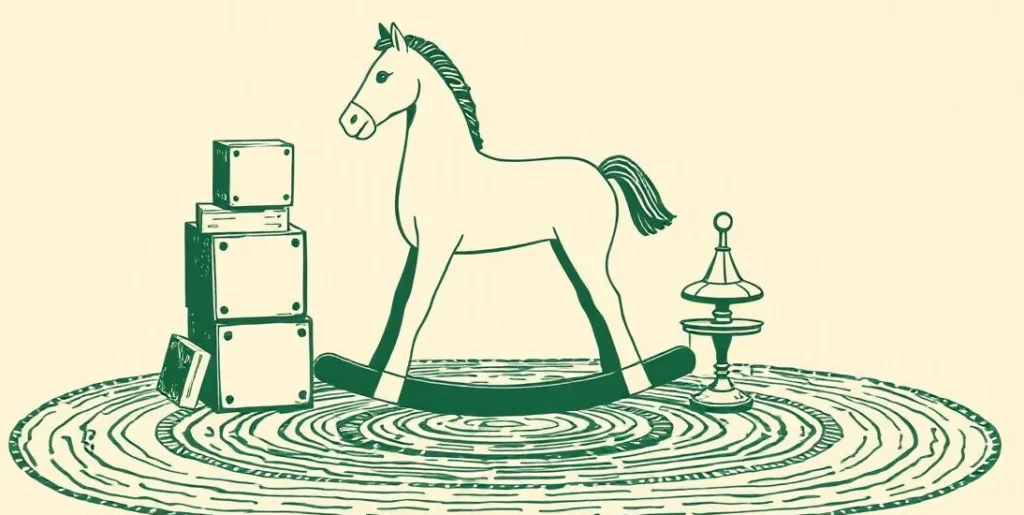 Illustration of a rocking horse, building blocks and a spinning top on a rug
