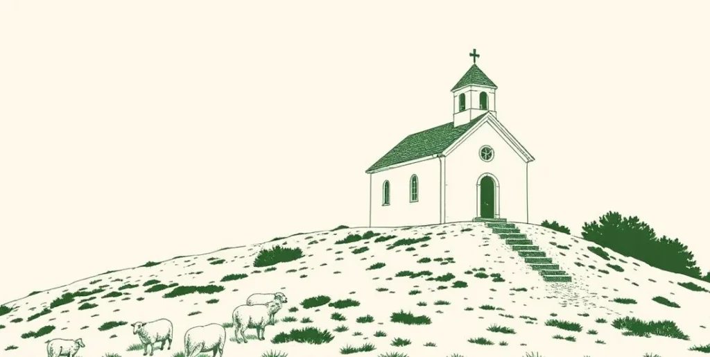 Illustration of a small chapel with a bell tower on a hill with grazing sheep
