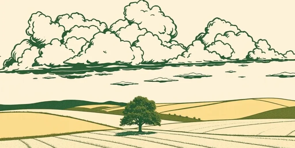 Illustration of towering cumulus clouds drifting over rolling farm fields