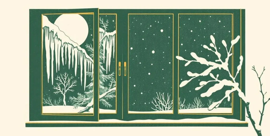 Illustration of frost patterns on a window pane beside icicles and a snowy branch