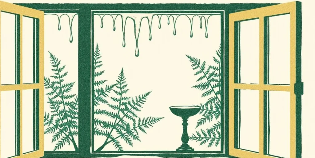 Illustration of frost patterns on a window with icicles and a frozen birdbath