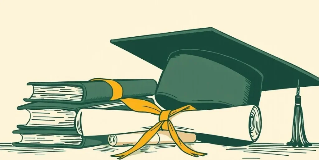 Illustration of a graduation cap on textbooks beside a rolled diploma