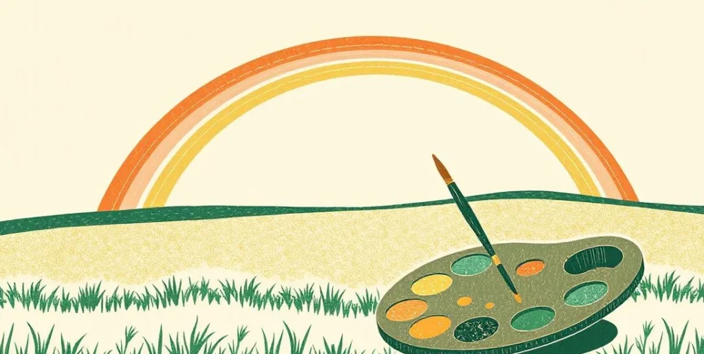 Illustration of a painter's palette and brushes beneath a rainbow over a field