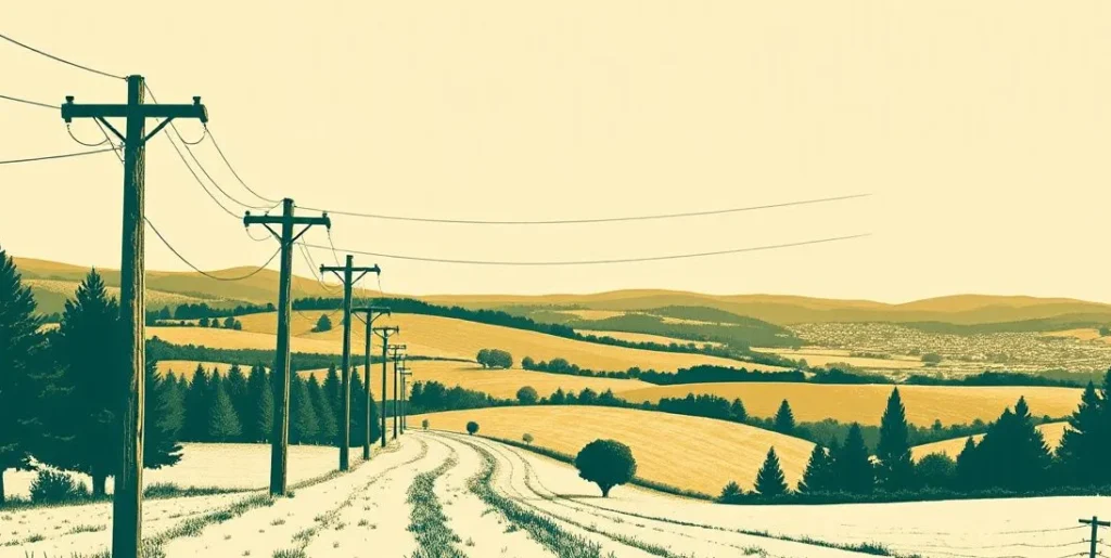 Illustration of telephone poles and wires stretching across the countryside