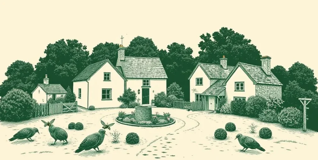 Illustration of cottages around a shared well and garden with a beehive