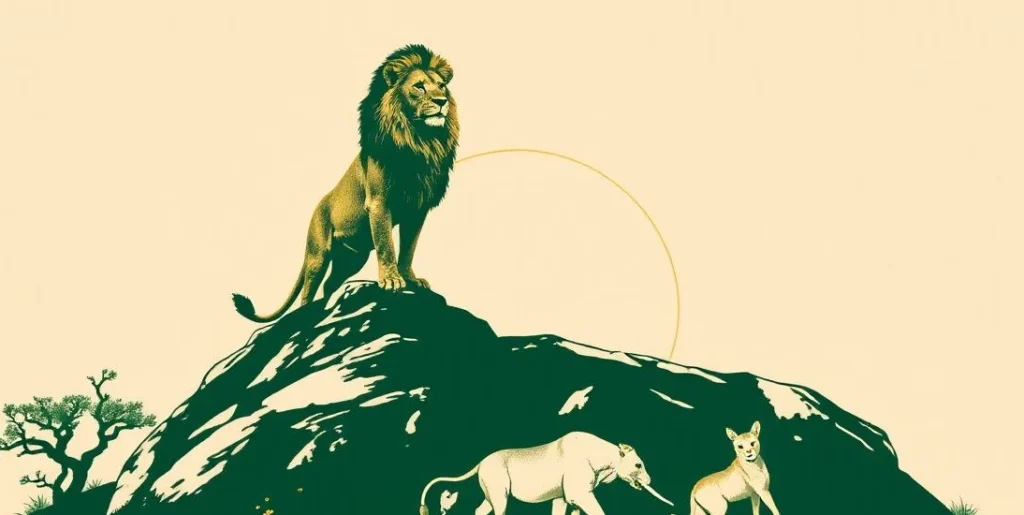 Illustration of a lion standing proudly on a rocky outcrop at sunrise