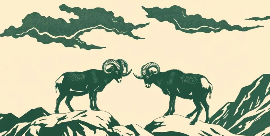 Illustration of two rams locking horns on a rocky mountain ledge