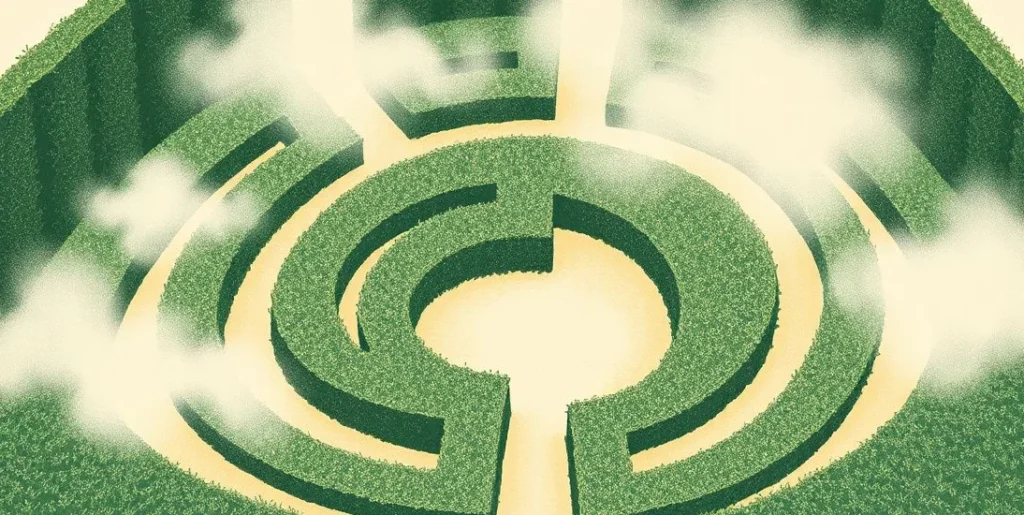 Illustration of a hedge maze with winding dead-end paths under fog