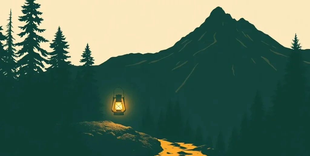 Illustration of a glowing lantern lighting a dark mountain path among pine trees