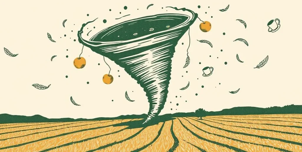 Illustration of a tornado spinning over a field, tossing apples, teacups and feathers