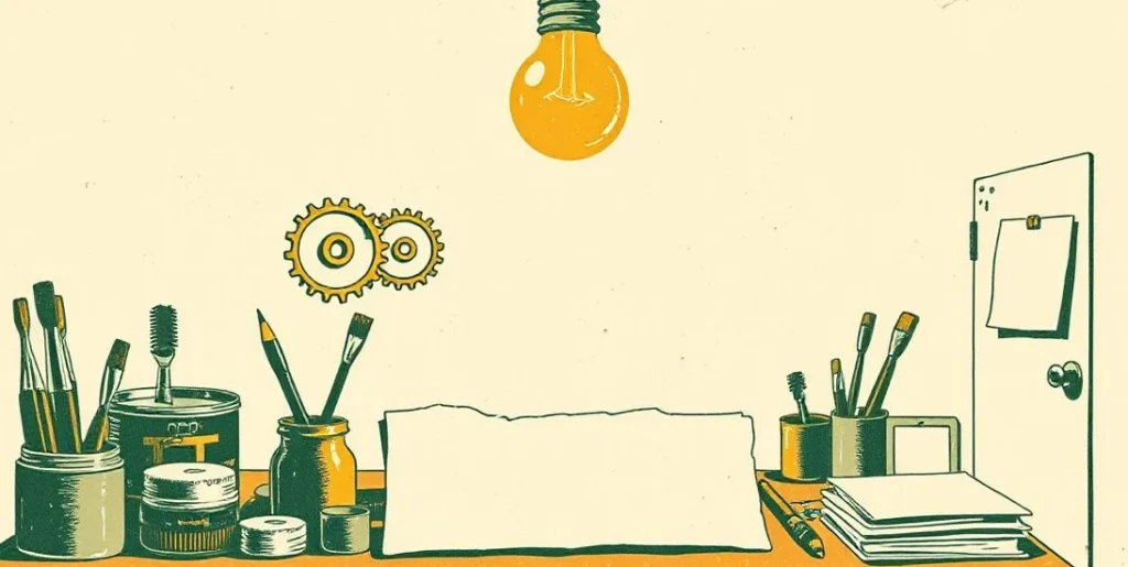 Illustration of a glowing light bulb over a workbench with brushes and gears