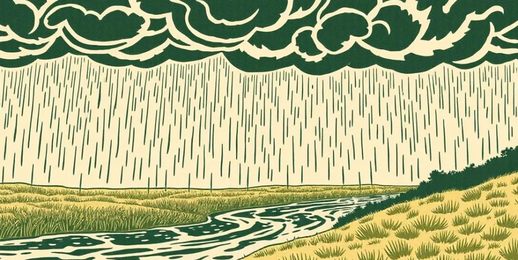 Illustration of rain pouring from storm clouds into an overflowing river