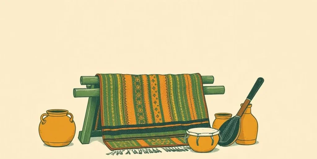 Illustration of a woven rug on a loom beside clay pottery and a drum