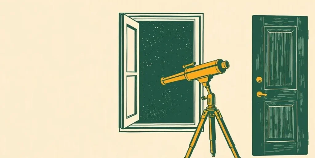 Illustration of a brass telescope pointed at the stars from an attic window