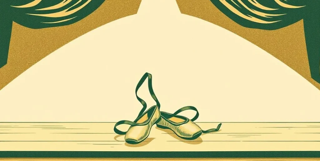 Illustration of satin ballet slippers with curling ribbons on a spotlit wooden stage