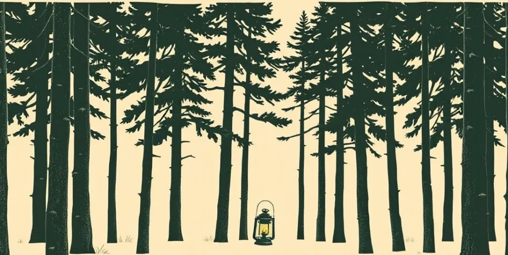 Illustration of a single lantern glowing in a dark pine forest at night