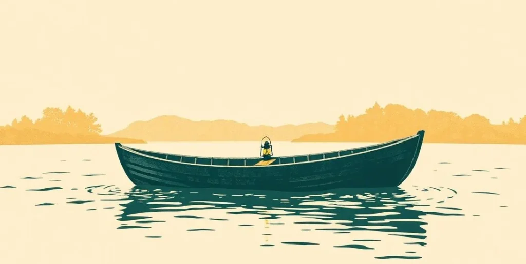 Illustration of an empty boat with a lantern drifting toward a misty horizon