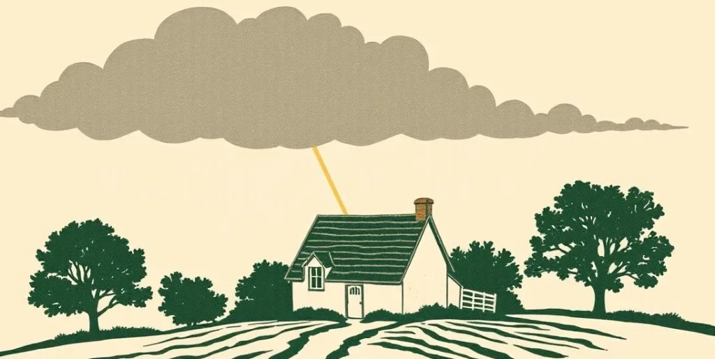 Illustration of a gray cloud over a cottage with a beam of sunlight breaking through