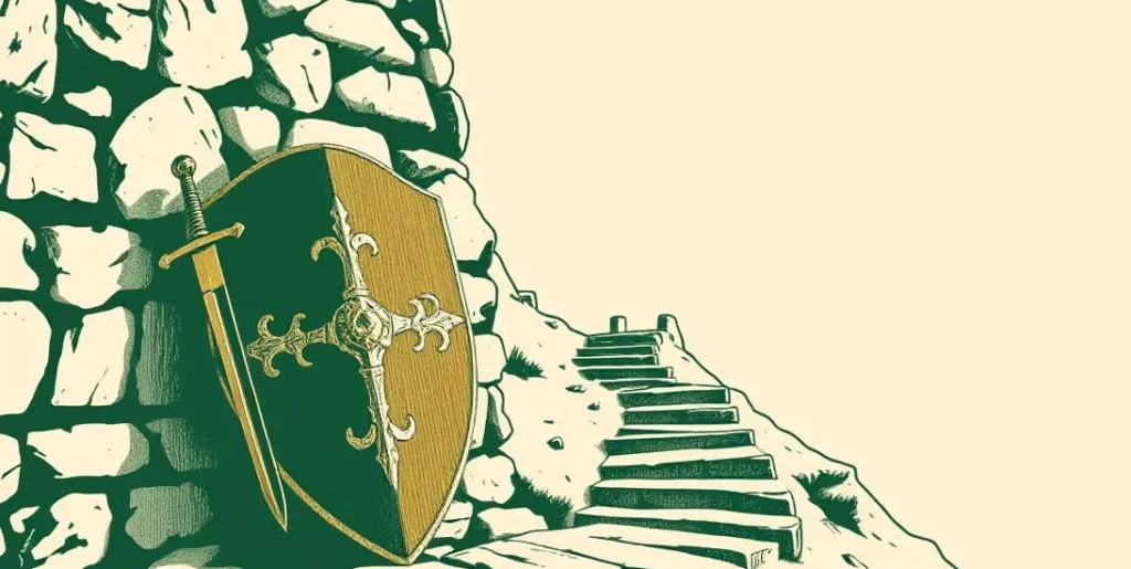 Illustration of a shield and sword leaning on a wall below a mountain path