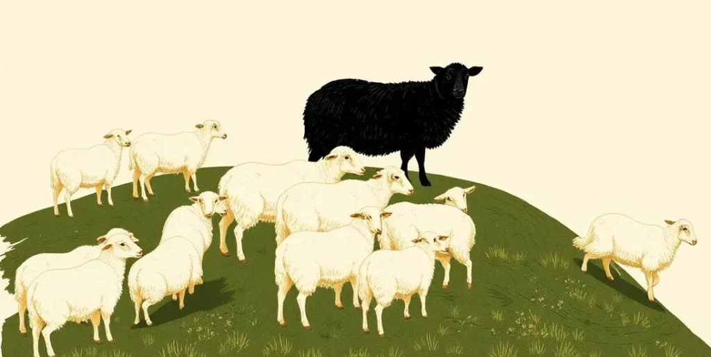 Illustration of a black sheep among a flock of white sheep on a hillside