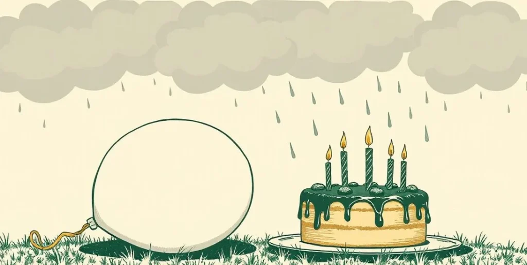 Illustration of a deflated balloon beside a rain-soaked, collapsing cake under gray clouds