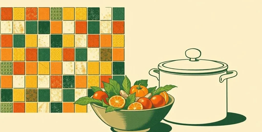 Illustration of colorful mosaic tiles beside a salad bowl and a cast-iron pot