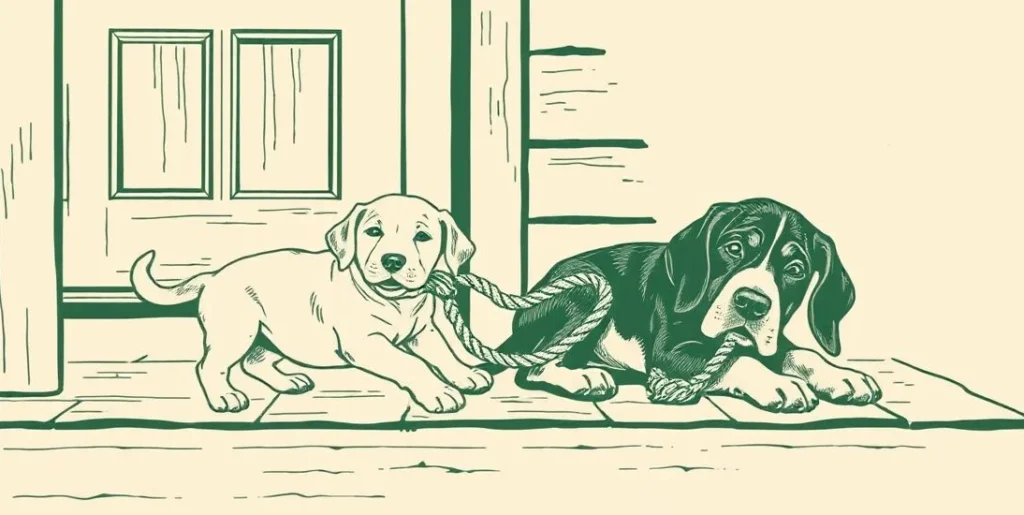 Illustration of a playful puppy with a rope toy beside a sleeping hound