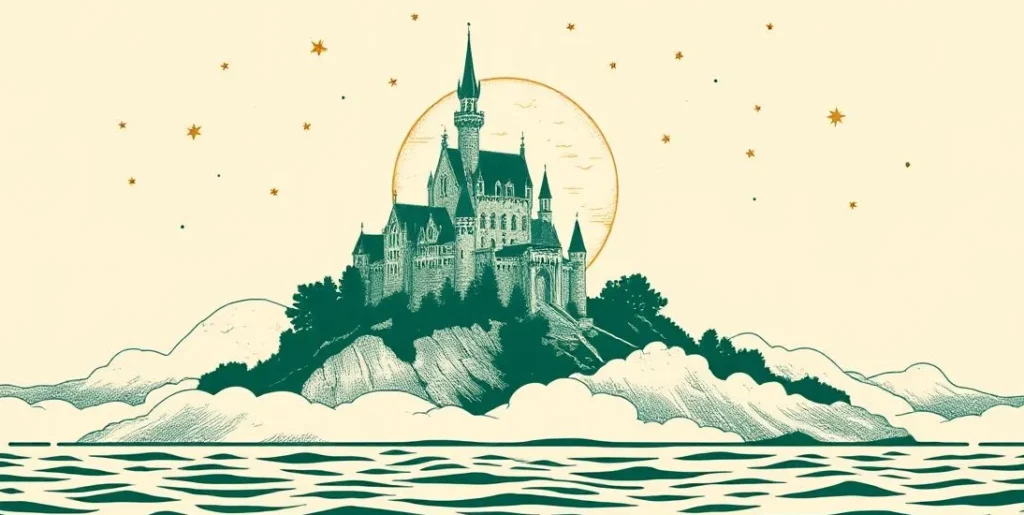 Illustration of a castle floating on clouds above a moonlit sea