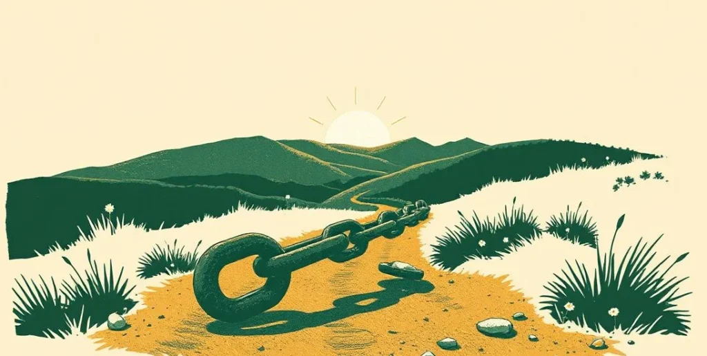 Illustration of a broken chain on a path leading toward a sunrise